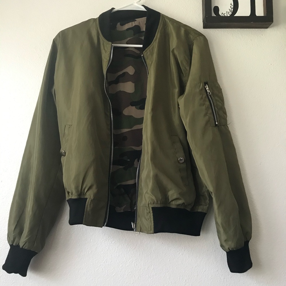 Olive Green Bomber Jacket with Camo Lining
